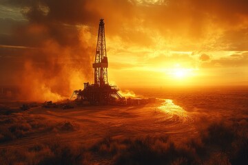 Obraz premium A large oil drilling rig stands silhouetted against a fiery sunset, with smoke billowing from the rig and a long, muddy stream running through the arid landscape.