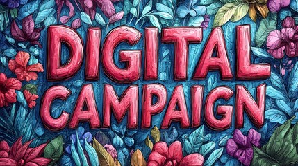 A lush, colorful botanical typography piece spelling 'Digital Campaign,' symbolizing the lively, engaging nature of online promotional initiatives today.