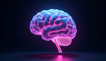 Human Brain: Neurology, Creative Mind Concept, Glowing Neon Brain in Geometric Polygonal Form, Abstract Art.