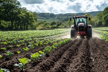 Fototapeta premium A red tractor drives through a field of young plants, with a hill in the background.