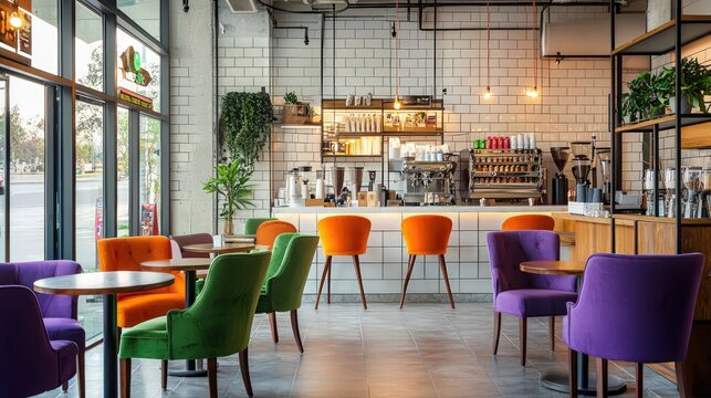 A vibrant and stylish coffee shop interior, with bold green, purple, and orange chairs against crisp white tiled walls, offering a modern and colorful vibe.