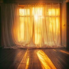 Long sheer drapes covering a window in an empty old house at sunset with golden light shining through.