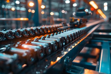 Fototapeta premium Industrial Conveyor System in Action with Glowing Lights