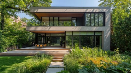 Modern architectural design with large windows and surrounding greenery.