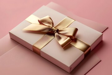 Elegant Gift Box with Golden Ribbon on Soft Pink Background