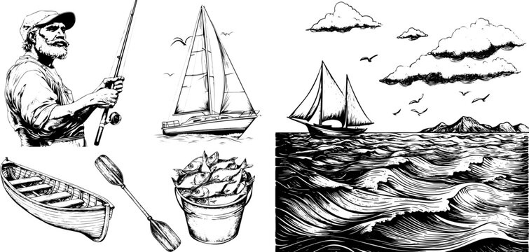 Vintage vector illustration of a fishing. Hand-drawn sketch set of paddle, full bucket of fish, fisherman, sailboat and sea landscape.
