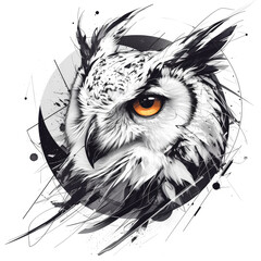 Obraz premium Black and white drawing of an owl with a clock in its eye.