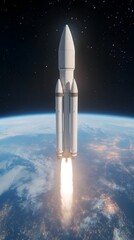 Fototapeta premium illustration of a rocket hovering in Earth’s orbit, The scene takes place at night, showing the Earth below with glowing city lights and a vast starry sky in the background. 