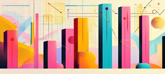 Obraz premium A colorful illustration of an income and expense report featuring stacked bar graphs and trend lines, highlighting key financial metrics like profits and expenditures