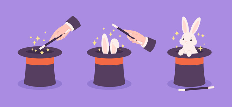Rabbit trick. Wizard cylinders and magic wand, popular illusionist show tricks with bunny ears and magician cylinder. Conjure use, racy vector scene