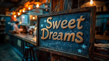 A chalkboard sign with Sweet Dreams text hangs invitingly in a warmly-lit, cozy restaurant bar setting, creating a comforting and homely atmosphere.