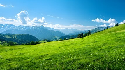 Obraz premium Serene Mountain Landscape with Lush Green Fields and Clear Blue Skies