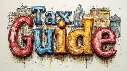A detailed and colorful artistic rendition of the words Tax Guide is showcased prominently against an urban backdrop of detailed and iconic city buildings.