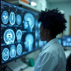 A young female doctor examining brain scans on a computer monitor in a dimly lit medical office. Black Female Neuroscientist Looking at TV Screen, Analyzing Brain Scan MRI Images