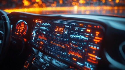 A futuristic car dashboard with glowing digital interface.