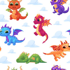 Baby dragon seamless pattern. Funny little dragons in clouds, cute fairy tale monsters creatures. Childish fantasy print template, nowaday vector background