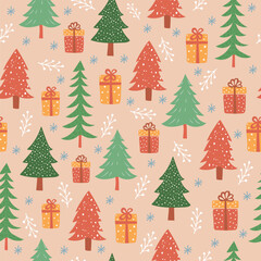 Seamless Christmas pattern with tree, gifts, fir branches.