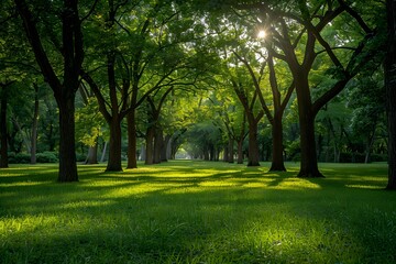 Serene Sunlit Pathway Through Lush Green Trees