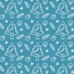 Christmas seamless pattern with fir tree, snowflakes and fir branches. Winter background for fabric, packaging, wallpaper, cover.