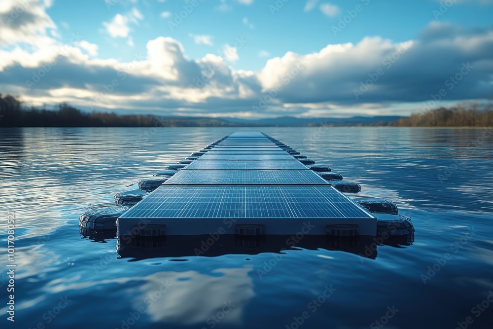 Wall mural a long row of solar panels floats on a calm lake, with a blue sky and white clouds in the background