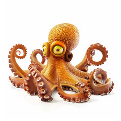 3d render yellow cartoon funny octopus with eyes  and tentacles on white isolated background