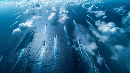 Aerial view of a fleet of ships moving in formation across the ocean, representing coordinated naval operations and defense, Generative Ai
