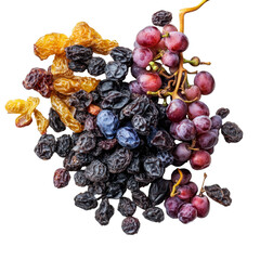 Obraz premium Fresh organic dry grape fruits displayed on a clean Png background showcasing their natural textures and colors, organic fresh grape fruits Png background