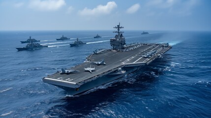Aircraft carrier leading a fleet of naval warships in the open ocean, representing military power and strategic maritime operations, Generative Ai
