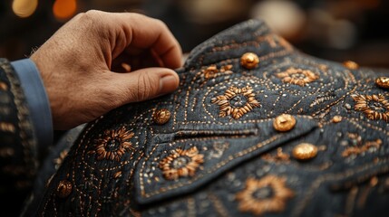 Close up of a man's hand adjusting the collar of a dark blue jacket with intricate gold embroidery and buttons.