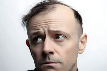 Fototapeta premium Bald man or woman worry about his or her less hairline on white background isolated