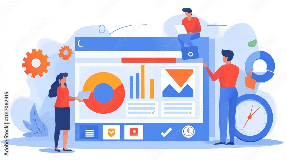 Poster Illustration of a team analyzing data on a large screen, symbolizing digital research, collaboration, and information analysis, Generative Ai