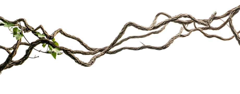 Twisted wild liana jungle vine isolated on white background, path