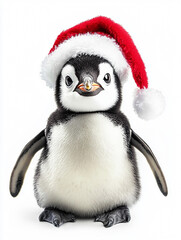 Fototapeta premium Little penguin in santa hat isolated over white background.