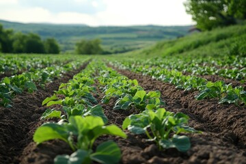 Rows of young plants growing in a field, with rolling hills in the background.