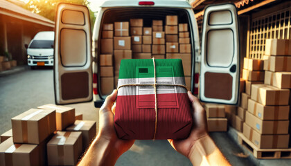 Fototapeta premium Hands holding a package wrapped in an Italy flag, with a delivery van full of boxes in the background, for illustrating delivery services, logistics, and shipping