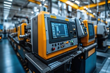 Close-up of modern industrial machinery with digital control panel in factory setting.