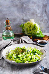 Appetizing salad of cucumber and iceberg lettuce with spices on a plate on the table vertical view