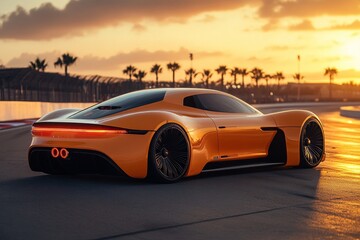 Obraz premium A sleek, yellow sports car drives on a racetrack at sunset with palm trees in the background.