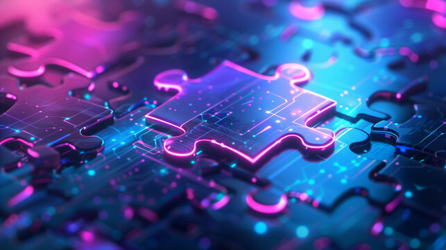 Neon glowing digital technology circuit board with puzzle; Futuristic glowing bright blue color. Abstract connection concept presentation background Idea