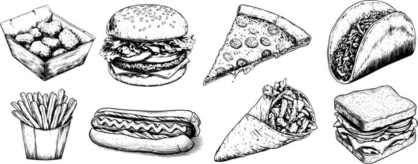 Vintage illustration set of a pizza, shawarma, nuggets, taco, hotdog, burger, fries and sandwich. Fast food concept.