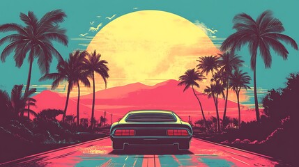 A vintage car drives down a road lined with palm trees, with a large sun in the background.