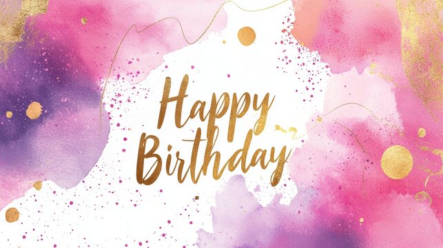 Elegant Happy Birthday Card with Pink Watercolor Splash and Gold Accents for Stylish Celebrations