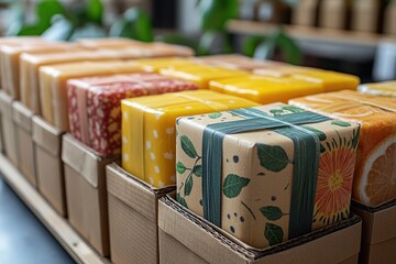 A row of colorful, wrapped gifts in boxes on a wooden shelf.