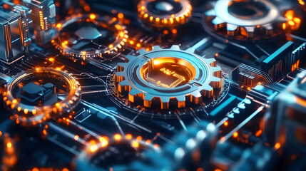 interconnected gears and circuitry symbolizing synergy between technology and business processes