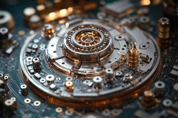 Obraz premium A close-up of a complex mechanical device, showcasing intricate gears and circuits on a circuit board.