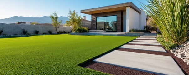 Rich merlot artificial turf in front of a modern home with a minimalist backyard and geometric concrete pathway