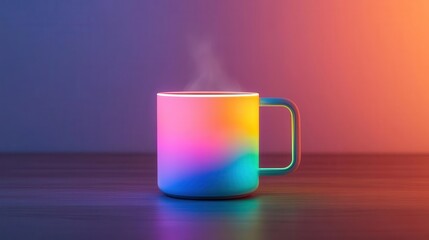 A hot beverage served in a futuristic mug, with color-changing properties based on the temperature, illuminated by soft digital light