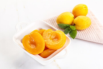 Few canned aprocots in the bowl