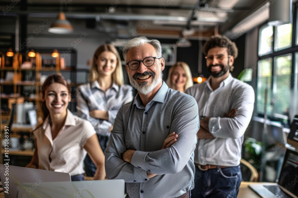 Sticker Portrait of a smiling senior businessman standing with his team in the background