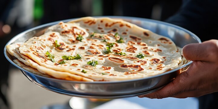 Close up of a plate of flatbread in a hand.